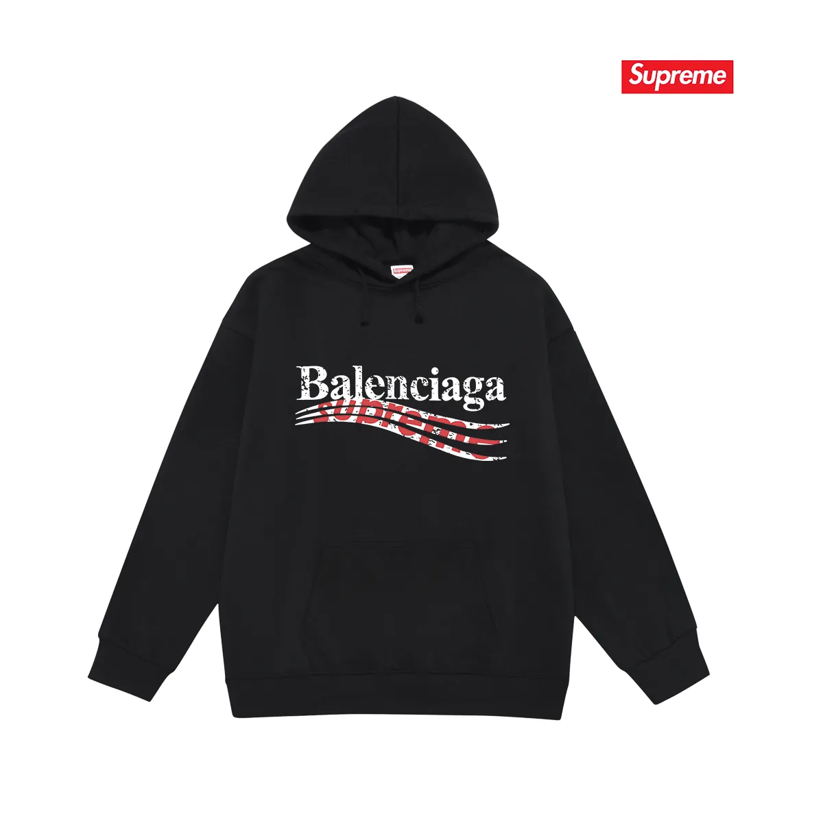 Style No. S2003 #terry P160💰 Velvet P170💰 Balenciaga co-branded supreme printed hooded sweatshirt Made of 400g large terry 430g silver fox velvet (off-shoulder large version) fabric, soft and non-pilling, imported environmentally friendly printing glue, bright and three-dimensional pattern, quality 💥Same style for men and women. The upper body is trendy. Color: black Size: S M L XL XXL