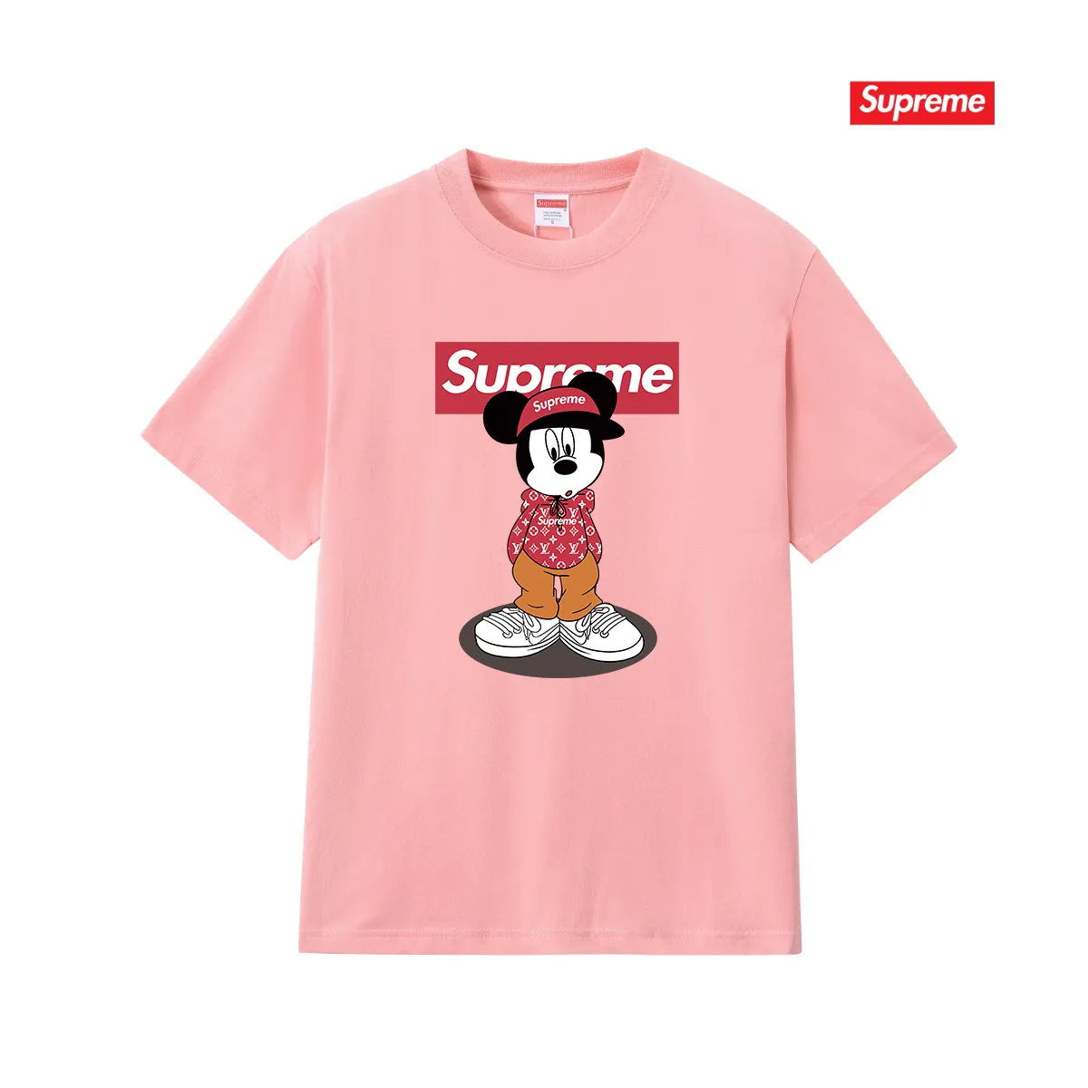 S235 P110💰 Supreme 2025 new Disney Mickey Mouse co-branded short-sleeved T-shirt for men in summer Mickey cartoon, loose fit, using 260 grams of combed cotton double yarn, all three standards from fabrics to accessories, ZP, imported Matsui company slurry printing will never crack, the whole piece adopts three-needle five-thread process. The neckline-shoulder seam-sleeve seam is double-lined, which looks more three-dimensional and textured) and the original version has the same craftsmanship and classic version. Feel free to compare zp. The whole piece adopts three-needle five-thread craftsmanship (neckline-shoulder seam-sleeve seam double thread, which looks more three-dimensional and textured). It has the same craftsmanship as the original original, classic version. Color: black, white, light gray, pink, navy. Size: S M L XL XXL