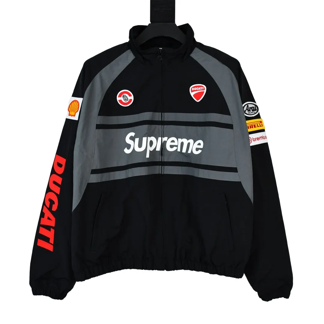 S552💰p570 Supreme 24ss Ducati Ducati co-branded Track Jacket racing uniform school uniform jacket - Color: Black White - Size: S M L XL Customized full set of accessories/YKK metal zipper/Customized hardware/Three standards