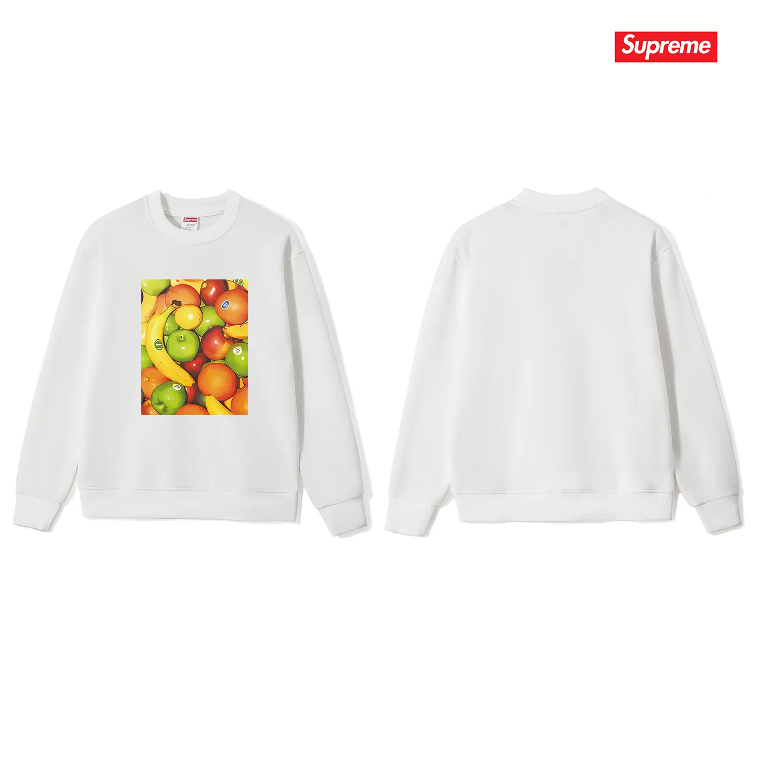 Style No. S1032 #terry p150💰 Velvet 160💰 Supreme SS19 Fruit Tee Navy fruit print round neck sweatshirt Made of 400 grams of large terry (drop shoulder large version) fabric, soft texture and no pilling Imported environmentally friendly printing glue The pattern is bright and three-dimensional Quality💥Same style for men and women The upper body is trendy Color: black white gray Size: S M L XL XXL