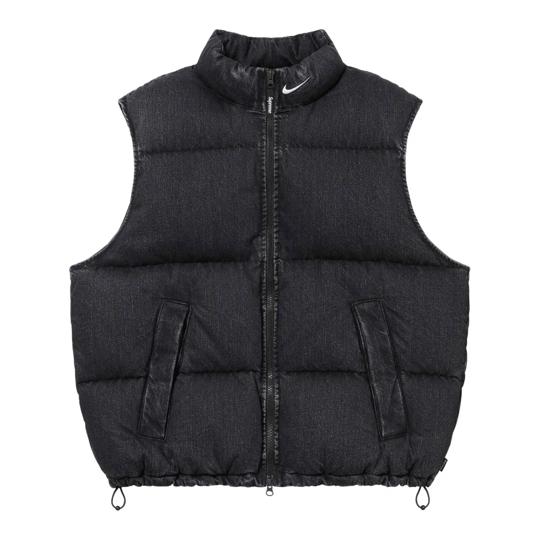 🅿️616 S317 top version Supreme Denim PUFFER VEST Nike co-branded denim vest. The original version has the same denim fabric texture. Windproof. The upper body is full of texture. The hardware accessories are No. 5 + No. 3 YKK zippers, which are consistent with the original version. Color: black blue Size: S~XL