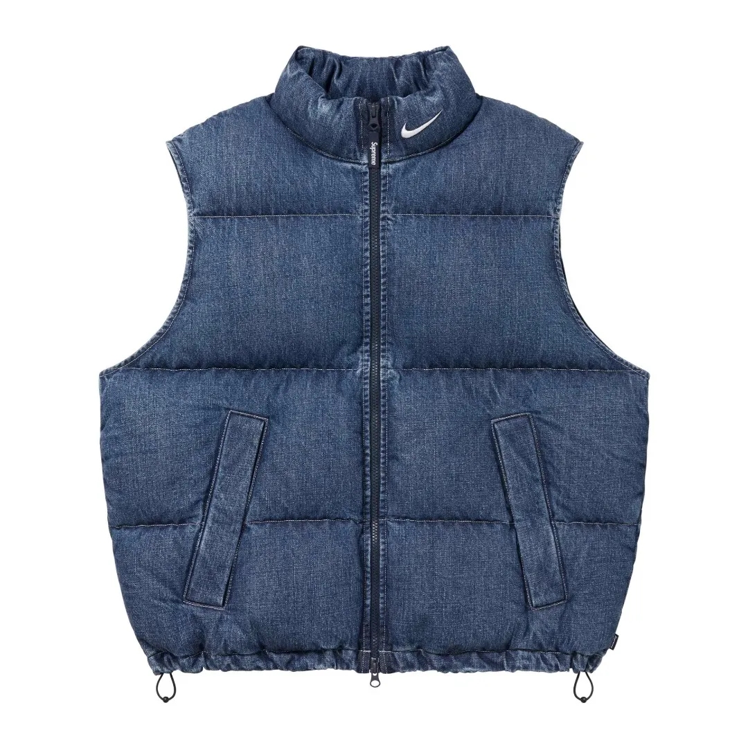 🅿️616 S317 top version Supreme Denim PUFFER VEST Nike co-branded denim vest. The original version has the same denim fabric texture. Windproof. The upper body is full of texture. The hardware accessories are No. 5 + No. 3 YKK zippers, which are consistent with the original version. Color: black blue Size: S~XL
