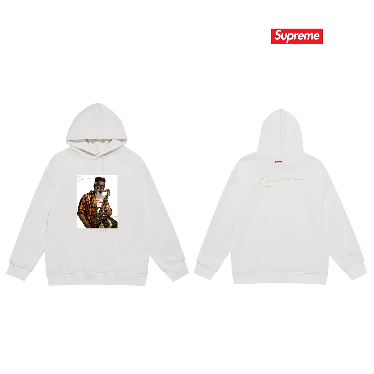 Style No. S2034 #terry P160💰 Velvet P170💰 Supreme Pharoah Sanders Tee Saxophone character avatar hooded sweatshirt Made of 400g large terry 430g silver fox velvet (drop shoulder large version) fabric, soft texture and no pilling Imported environmentally friendly printing glue The pattern is bright and three-dimensional Quality 💥Same style for men and women The upper body is trendy Color: black white gray Size: S M L XL XXL