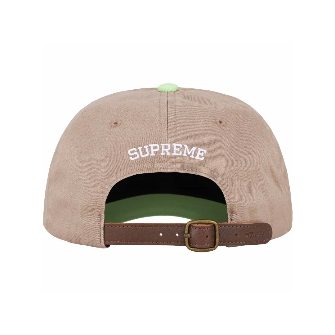 🅿️120 S162 Supreme 24SS 2-TONE S LOGO 6-PANEL Retro Color Block Embroidered Leather Button Hat Color: White Black Red Khaki