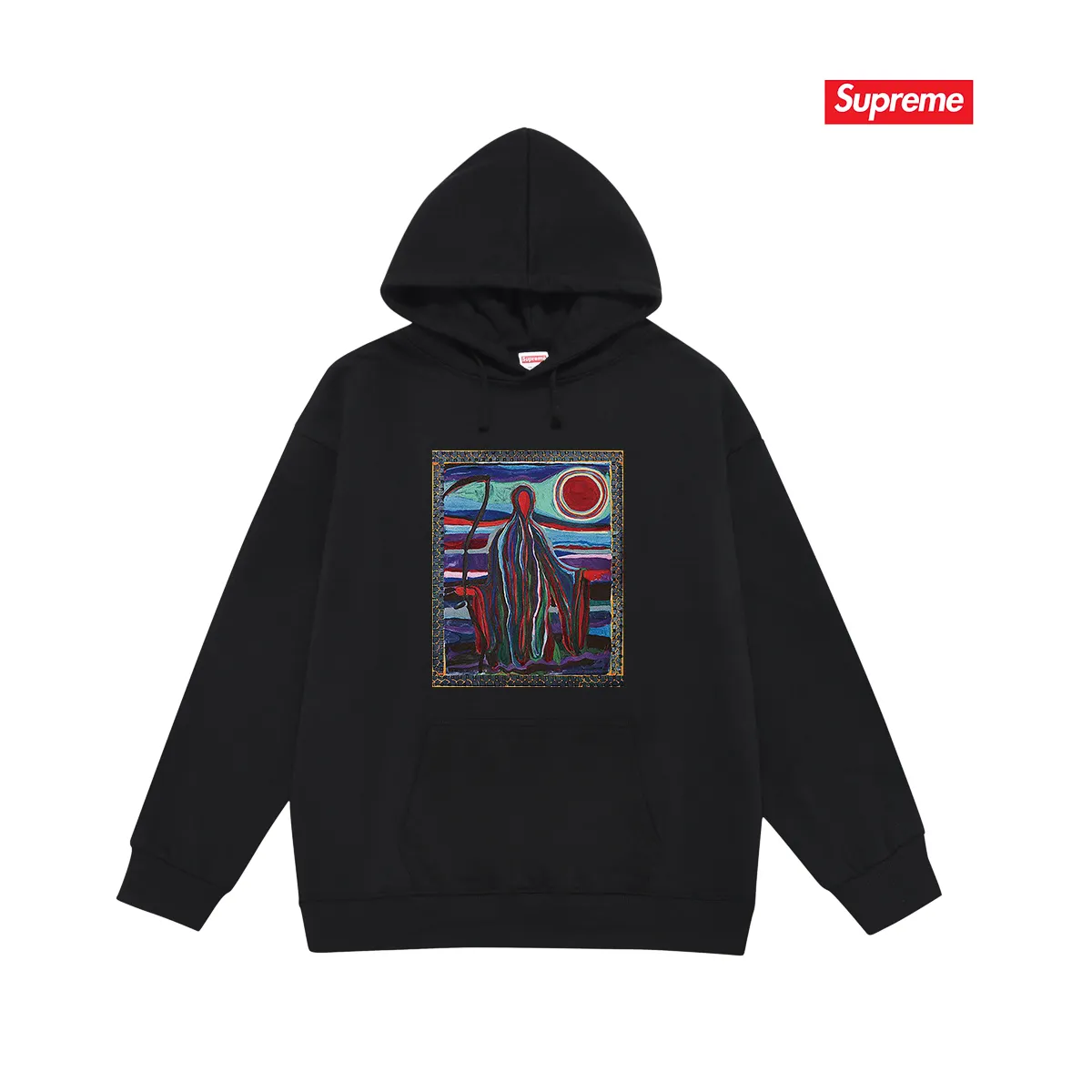 Style No. S2040 #terry P160💰 Velvet P170💰 Supreme SS19 Reaper Tee Reaper print hooded sweatshirt Made of 400g large terry 430g silver fox velvet (drop shoulder large version) fabric, soft texture and no pilling Imported environmentally friendly printing glue The pattern is bright and three-dimensional Quality 💥Same style for men and women The upper body is trendy Color: black white gray Size: S M L XL XXL