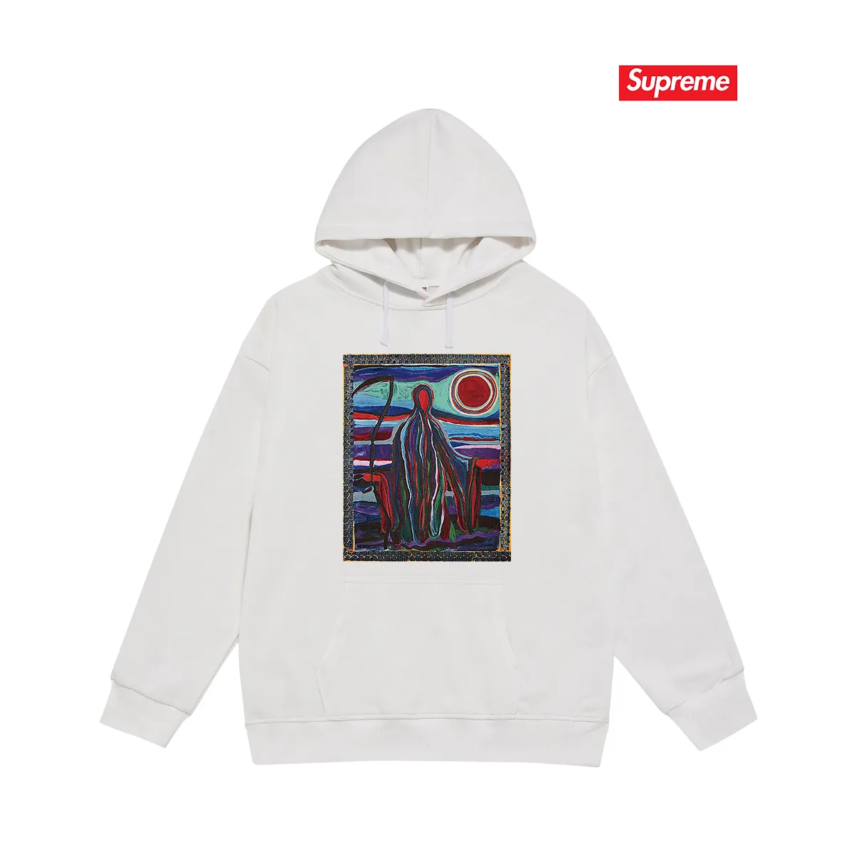 Style No. S2040 #terry P160💰 Velvet P170💰 Supreme SS19 Reaper Tee Reaper print hooded sweatshirt Made of 400g large terry 430g silver fox velvet (drop shoulder large version) fabric, soft texture and no pilling Imported environmentally friendly printing glue The pattern is bright and three-dimensional Quality 💥Same style for men and women The upper body is trendy Color: black white gray Size: S M L XL XXL