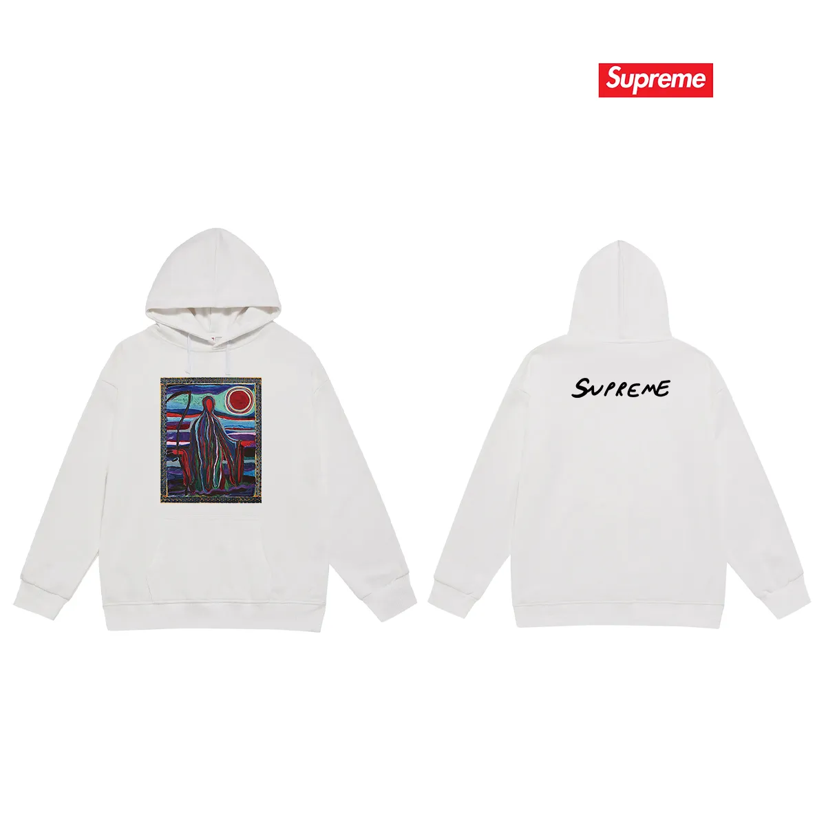 Style No. S2040 #terry P160💰 Velvet P170💰 Supreme SS19 Reaper Tee Reaper print hooded sweatshirt Made of 400g large terry 430g silver fox velvet (drop shoulder large version) fabric, soft texture and no pilling Imported environmentally friendly printing glue The pattern is bright and three-dimensional Quality 💥Same style for men and women The upper body is trendy Color: black white gray Size: S M L XL XXL