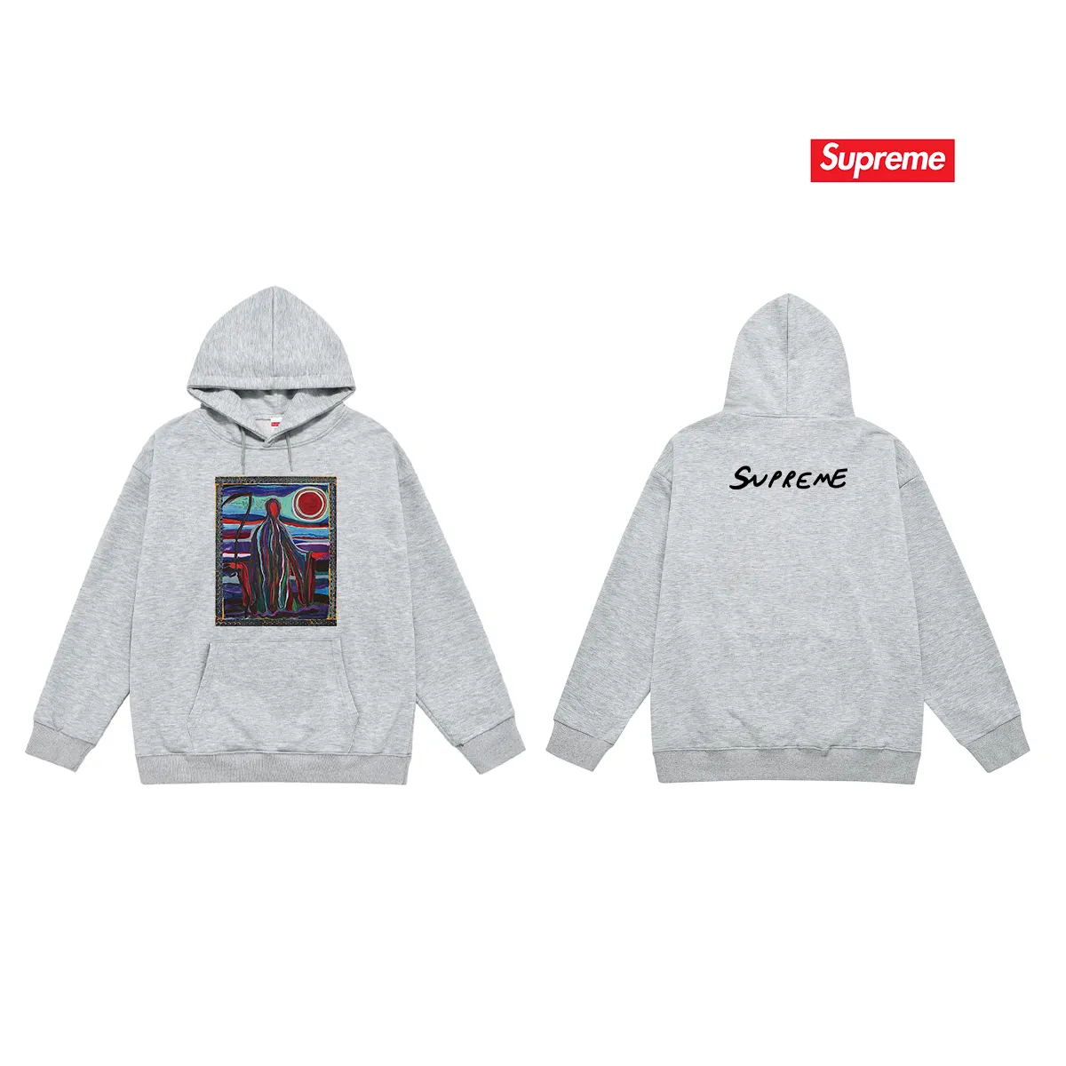 Style No. S2040 #terry P160💰 Velvet P170💰 Supreme SS19 Reaper Tee Reaper print hooded sweatshirt Made of 400g large terry 430g silver fox velvet (drop shoulder large version) fabric, soft texture and no pilling Imported environmentally friendly printing glue The pattern is bright and three-dimensional Quality 💥Same style for men and women The upper body is trendy Color: black white gray Size: S M L XL XXL