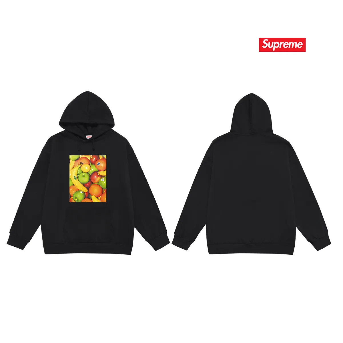 Style number S2032 #terry P160💰 Velvet P170💰 Supreme SS19 Fruit Tee Navy fruit print hooded sweatshirt Made of 400g large terry 430g silver fox velvet (drop shoulder large version) fabric, soft texture and no pilling Imported environmentally friendly printing glue The pattern is bright and three-dimensional Quality 💥Same style for men and women The upper body is trendy Color: black white gray Size: S M L XL XXL