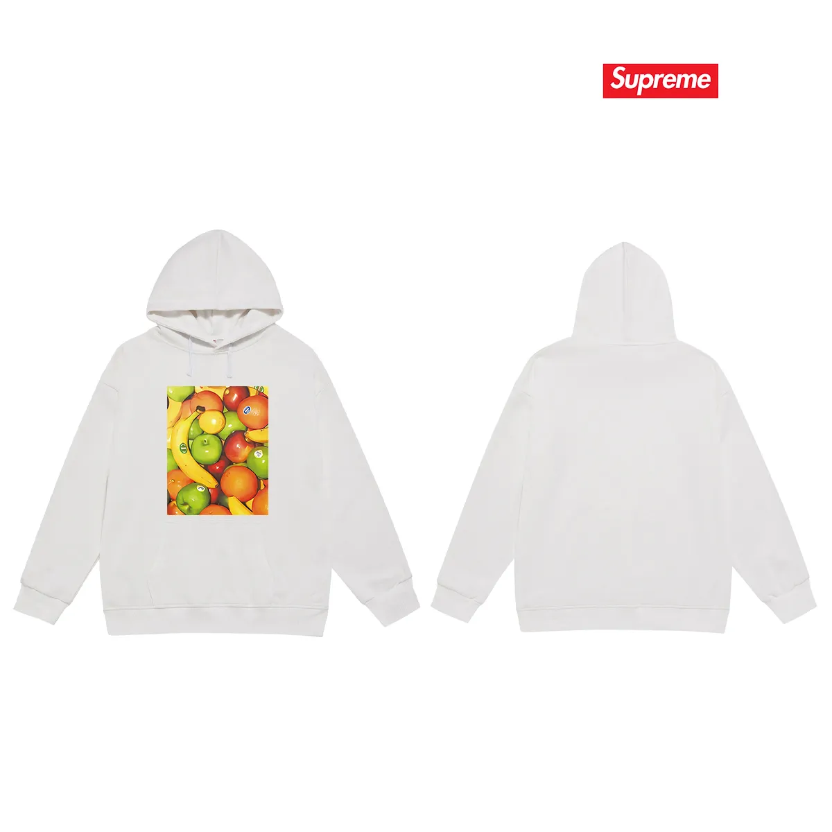 Style number S2032 #terry P160💰 Velvet P170💰 Supreme SS19 Fruit Tee Navy fruit print hooded sweatshirt Made of 400g large terry 430g silver fox velvet (drop shoulder large version) fabric, soft texture and no pilling Imported environmentally friendly printing glue The pattern is bright and three-dimensional Quality 💥Same style for men and women The upper body is trendy Color: black white gray Size: S M L XL XXL