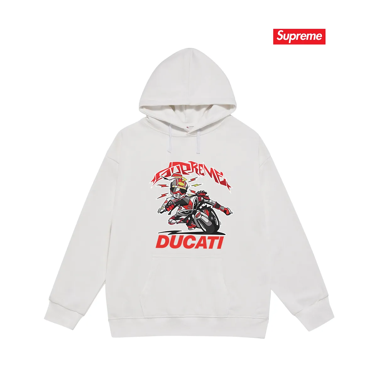 Style No. S2135 #terry P160💰 Velvet P170💰 Supreme Ducati co-branded motorcycle letter print hooded sweatshirt Made of 400g large terry 430g silver fox velvet (drop shoulder large version) fabric, soft texture and no pilling Imported environmentally friendly printing glue The pattern is bright and three-dimensional Quality 💥Same style for men and women The upper body is trendy Color: black white gray Size: S M L XL XXL