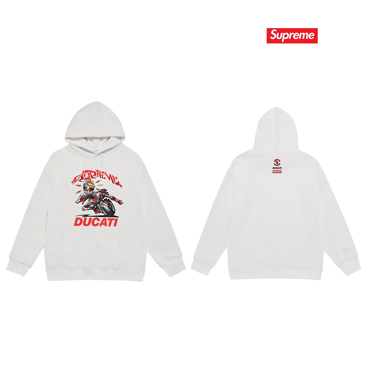 Style No. S2135 #terry P160💰 Velvet P170💰 Supreme Ducati co-branded motorcycle letter print hooded sweatshirt Made of 400g large terry 430g silver fox velvet (drop shoulder large version) fabric, soft texture and no pilling Imported environmentally friendly printing glue The pattern is bright and three-dimensional Quality 💥Same style for men and women The upper body is trendy Color: black white gray Size: S M L XL XXL