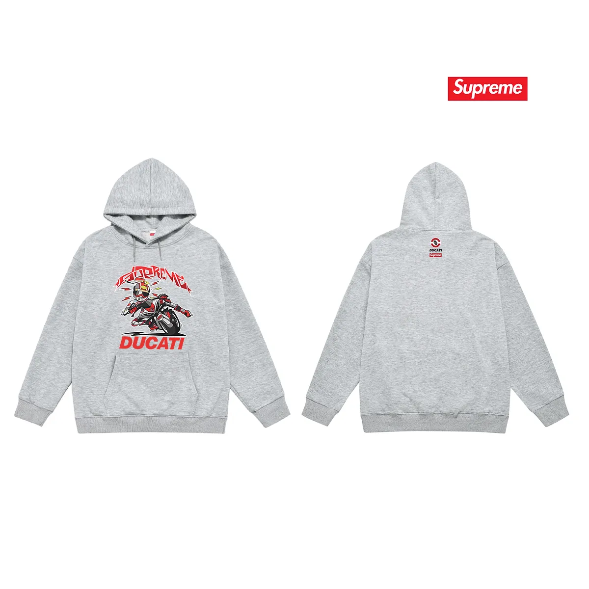 Style No. S2135 #terry P160💰 Velvet P170💰 Supreme Ducati co-branded motorcycle letter print hooded sweatshirt Made of 400g large terry 430g silver fox velvet (drop shoulder large version) fabric, soft texture and no pilling Imported environmentally friendly printing glue The pattern is bright and three-dimensional Quality 💥Same style for men and women The upper body is trendy Color: black white gray Size: S M L XL XXL