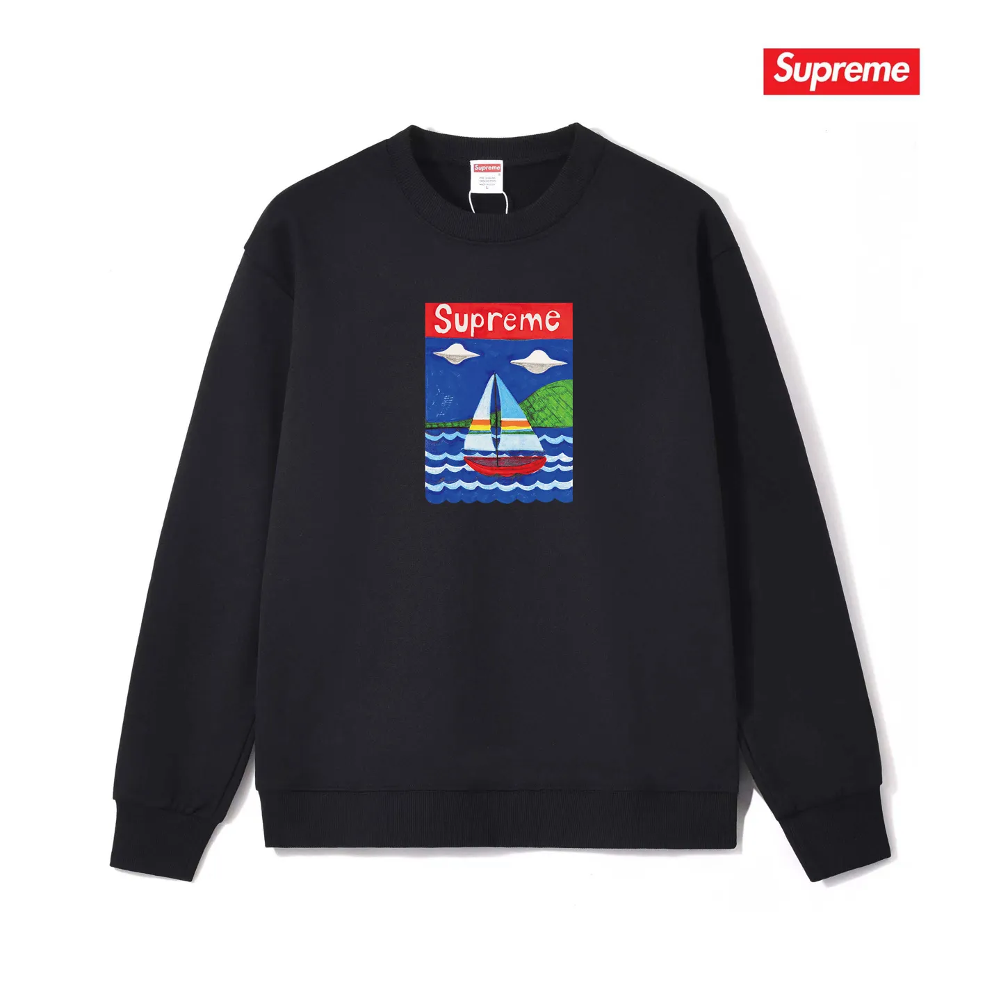 Style No. S1033 #terry p150💰 Velvet 160💰 Supreme SS20 Week 8 Sailboat Tee sailboat pattern letters round neck sweatshirt Made of 400g large terry (drop shoulder large version) fabric, soft texture and no pilling Imported environmentally friendly printing glue The pattern is bright and three-dimensional Quality 💥Same style for men and women The upper body is fashionable Color: black white gray Size: S M L XL XXL