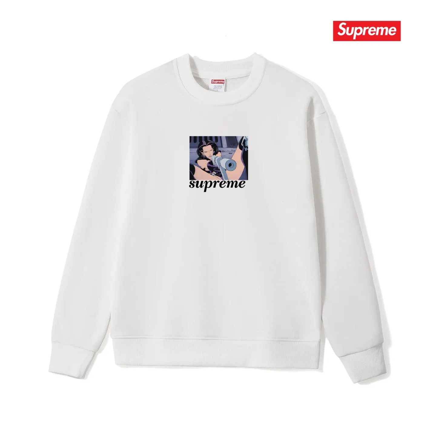 Style No. S1097 #terry p150💰 Velvet 160💰 Supreme SS22 Week6 xAeon Flux joint model Gun Tee Magic Warrior cartoon letter print round neck sweatshirt Made of 400 grams of large terry (off-shoulder large version) fabric, soft texture and no pilling Imported environmentally friendly printing glue The pattern is bright and three-dimensional Quality 💥Same style for men and women The upper body is trendy Color: black white gray Size: S M L XL XXL