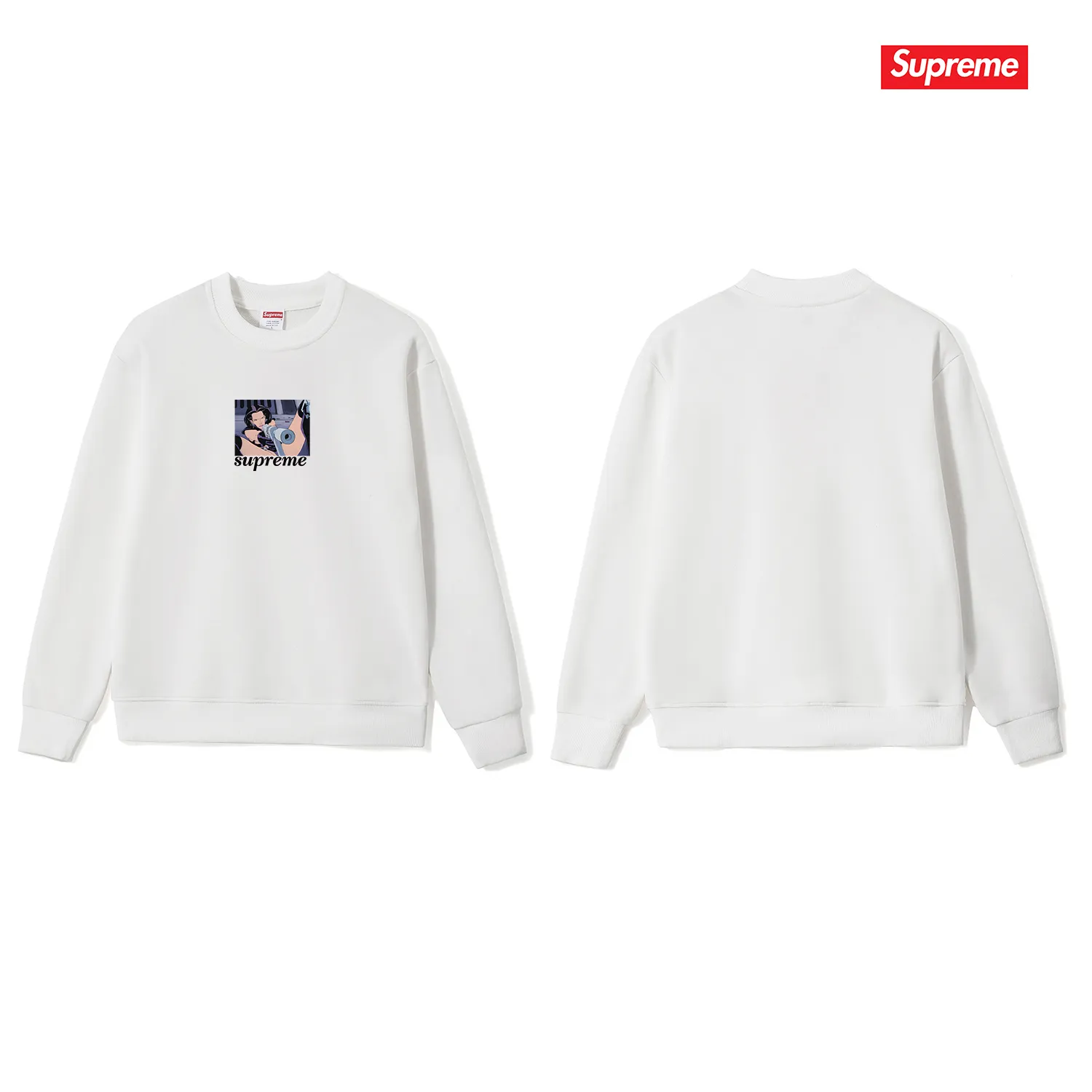 Style No. S1097 #terry p150💰 Velvet 160💰 Supreme SS22 Week6 xAeon Flux joint model Gun Tee Magic Warrior cartoon letter print round neck sweatshirt Made of 400 grams of large terry (off-shoulder large version) fabric, soft texture and no pilling Imported environmentally friendly printing glue The pattern is bright and three-dimensional Quality 💥Same style for men and women The upper body is trendy Color: black white gray Size: S M L XL XXL