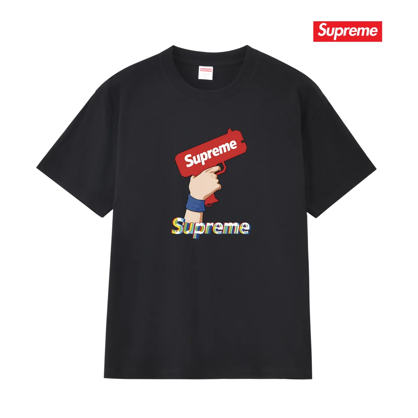 S257 P110💰 Supreme summer trendy brand pistol gesture printed short-sleeved men's and women's couple wear same style pure cotton round neck casual half-sleeved T-shirt. Loose fit. Made of 260g combed cotton double yarn. All three standards are complete from fabric to accessories. ZP. Imported Matsui company's slurry printing will never crack. The whole thing adopts three-needle five-thread process. The neckline-shoulder seam-sleeve seam is double-lined, which looks more three-dimensional and textured. The same process as the original version, classic version. Feel free to compare zp. The whole piece adopts three-needle five-thread craftsmanship (neckline-shoulder seam-sleeve seam double thread, which looks more three-dimensional and textured). It has the same craftsmanship as the original original, classic version. Color: black, white, light gray, pink, navy. Size: S M L XL XXL