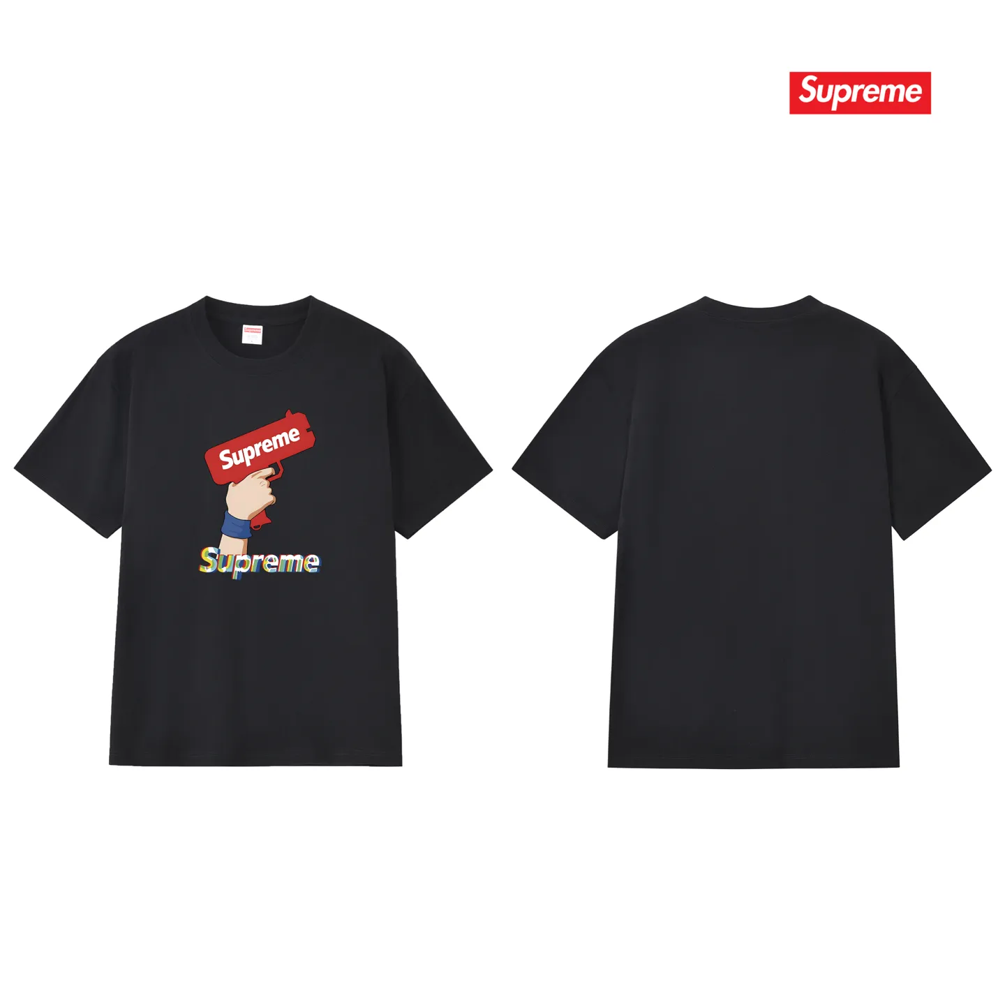 S257 P110💰 Supreme summer trendy brand pistol gesture printed short-sleeved men's and women's couple wear same style pure cotton round neck casual half-sleeved T-shirt. Loose fit. Made of 260g combed cotton double yarn. All three standards are complete from fabric to accessories. ZP. Imported Matsui company's slurry printing will never crack. The whole thing adopts three-needle five-thread process. The neckline-shoulder seam-sleeve seam is double-lined, which looks more three-dimensional and textured. The same process as the original version, classic version. Feel free to compare zp. The whole piece adopts three-needle five-thread craftsmanship (neckline-shoulder seam-sleeve seam double thread, which looks more three-dimensional and textured). It has the same craftsmanship as the original original, classic version. Color: black, white, light gray, pink, navy. Size: S M L XL XXL