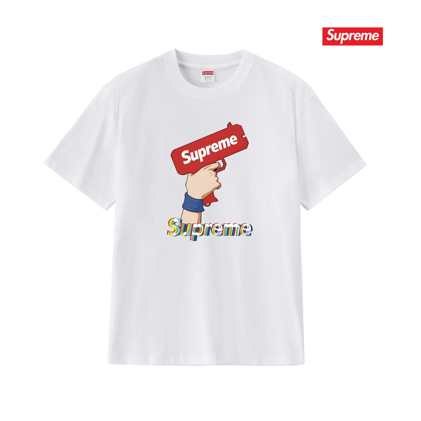 S257 P110💰 Supreme summer trendy brand pistol gesture printed short-sleeved men's and women's couple wear same style pure cotton round neck casual half-sleeved T-shirt. Loose fit. Made of 260g combed cotton double yarn. All three standards are complete from fabric to accessories. ZP. Imported Matsui company's slurry printing will never crack. The whole thing adopts three-needle five-thread process. The neckline-shoulder seam-sleeve seam is double-lined, which looks more three-dimensional and textured. The same process as the original version, classic version. Feel free to compare zp. The whole piece adopts three-needle five-thread craftsmanship (neckline-shoulder seam-sleeve seam double thread, which looks more three-dimensional and textured). It has the same craftsmanship as the original original, classic version. Color: black, white, light gray, pink, navy. Size: S M L XL XXL