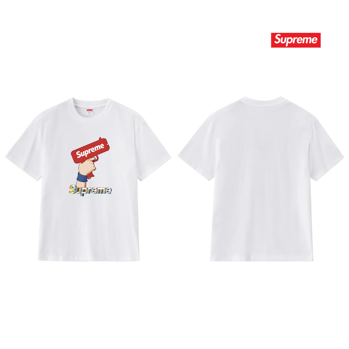S257 P110💰 Supreme summer trendy brand pistol gesture printed short-sleeved men's and women's couple wear same style pure cotton round neck casual half-sleeved T-shirt. Loose fit. Made of 260g combed cotton double yarn. All three standards are complete from fabric to accessories. ZP. Imported Matsui company's slurry printing will never crack. The whole thing adopts three-needle five-thread process. The neckline-shoulder seam-sleeve seam is double-lined, which looks more three-dimensional and textured. The same process as the original version, classic version. Feel free to compare zp. The whole piece adopts three-needle five-thread craftsmanship (neckline-shoulder seam-sleeve seam double thread, which looks more three-dimensional and textured). It has the same craftsmanship as the original original, classic version. Color: black, white, light gray, pink, navy. Size: S M L XL XXL