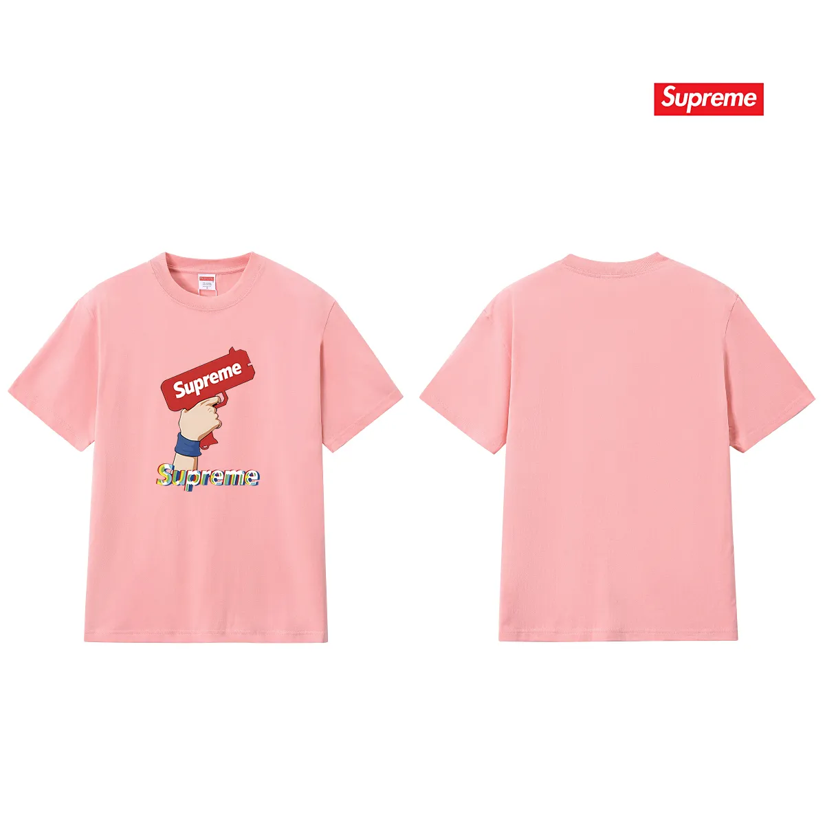 S257 P110💰 Supreme summer trendy brand pistol gesture printed short-sleeved men's and women's couple wear same style pure cotton round neck casual half-sleeved T-shirt. Loose fit. Made of 260g combed cotton double yarn. All three standards are complete from fabric to accessories. ZP. Imported Matsui company's slurry printing will never crack. The whole thing adopts three-needle five-thread process. The neckline-shoulder seam-sleeve seam is double-lined, which looks more three-dimensional and textured. The same process as the original version, classic version. Feel free to compare zp. The whole piece adopts three-needle five-thread craftsmanship (neckline-shoulder seam-sleeve seam double thread, which looks more three-dimensional and textured). It has the same craftsmanship as the original original, classic version. Color: black, white, light gray, pink, navy. Size: S M L XL XXL