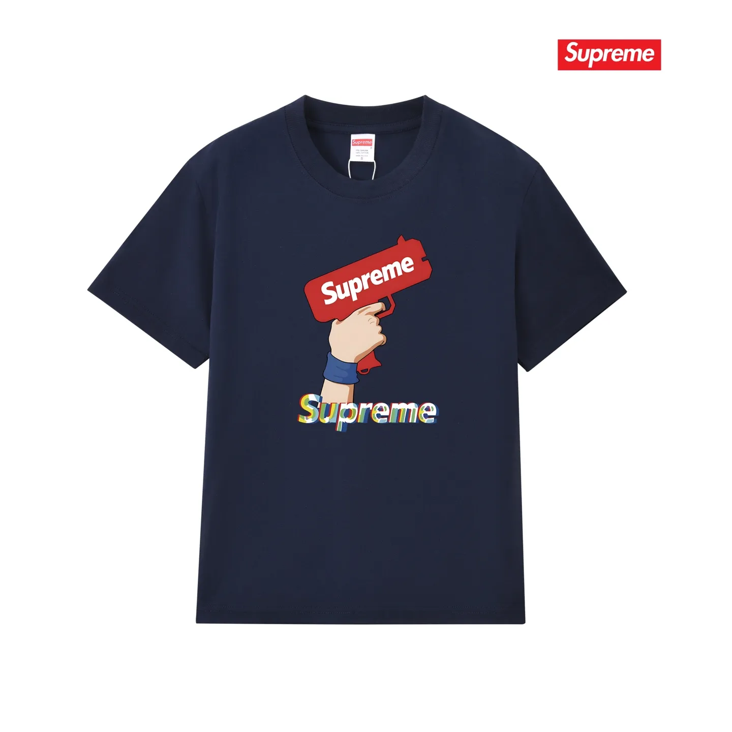 S257 P110💰 Supreme summer trendy brand pistol gesture printed short-sleeved men's and women's couple wear same style pure cotton round neck casual half-sleeved T-shirt. Loose fit. Made of 260g combed cotton double yarn. All three standards are complete from fabric to accessories. ZP. Imported Matsui company's slurry printing will never crack. The whole thing adopts three-needle five-thread process. The neckline-shoulder seam-sleeve seam is double-lined, which looks more three-dimensional and textured. The same process as the original version, classic version. Feel free to compare zp. The whole piece adopts three-needle five-thread craftsmanship (neckline-shoulder seam-sleeve seam double thread, which looks more three-dimensional and textured). It has the same craftsmanship as the original original, classic version. Color: black, white, light gray, pink, navy. Size: S M L XL XXL