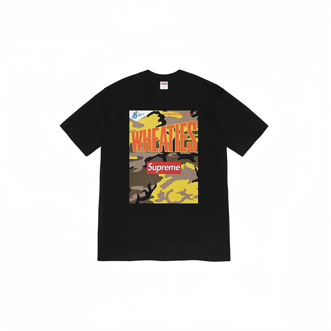 #S62 P110💰 Supreme SS21 Week6 x Wheaties Tee Oatmeal printed short-sleeved T-shirt. Loose fit. Made of 260g combed cotton double yarn. From fabric to accessories, all three standards are complete and follow ZP. The slurry printing imported from Matsui Company will never crack. The whole piece is made with three-needle five-thread technology. The neckline-shoulder seam-sleeve seam is double-lined, which looks more three-dimensional and textured.) The same process as the original version, classic version Feel free to compare zp. The whole piece adopts three-needle five-thread craftsmanship. The neckline-shoulder seam-sleeve seam is double-threaded, which looks more three-dimensional and textured.) It has the same craftsmanship as the original original, classic version. Color: black and white Size: S M L XL XXL