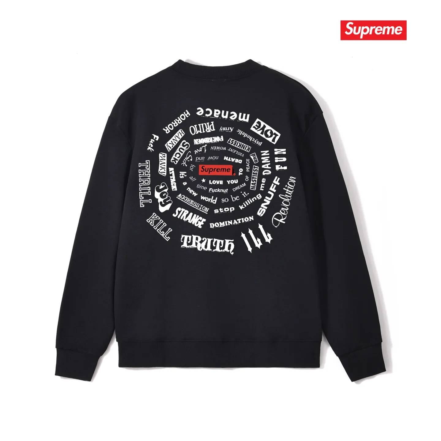Style No. S1059 #terry p150💰 Velvet 160💰 Supreme SS21 Spiral Tee Spiral Letter Unisex Round Neck Sweatshirt Made of 400g large terry (drop shoulder large version) fabric, soft texture and no pilling Imported environmentally friendly printing glue The pattern is bright and three-dimensional Quality 💥 Unisex The upper body is trendy Color: Black White Gray Size: S M L XL XXL