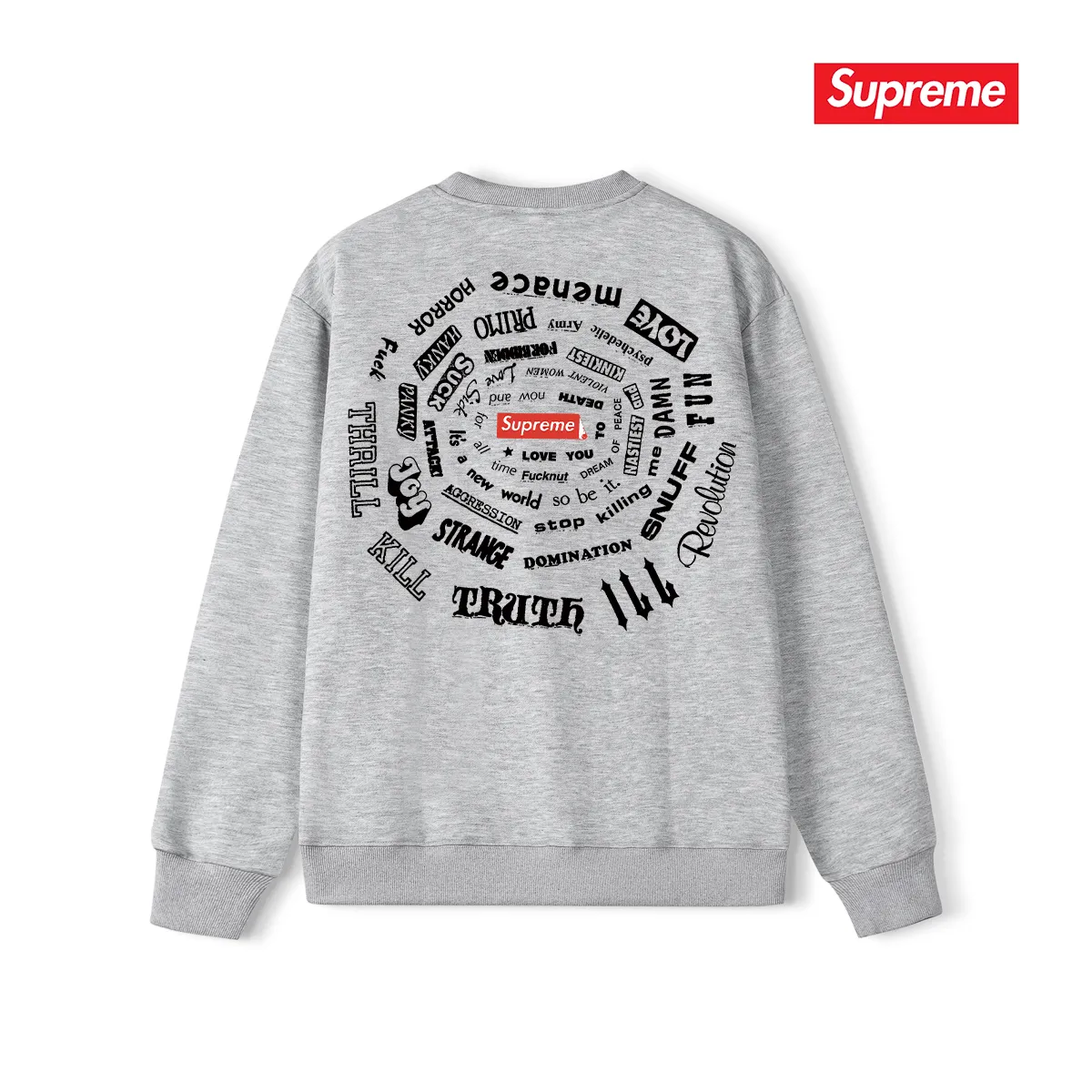 Style No. S1059 #terry p150💰 Velvet 160💰 Supreme SS21 Spiral Tee Spiral Letter Unisex Round Neck Sweatshirt Made of 400g large terry (drop shoulder large version) fabric, soft texture and no pilling Imported environmentally friendly printing glue The pattern is bright and three-dimensional Quality 💥 Unisex The upper body is trendy Color: Black White Gray Size: S M L XL XXL
