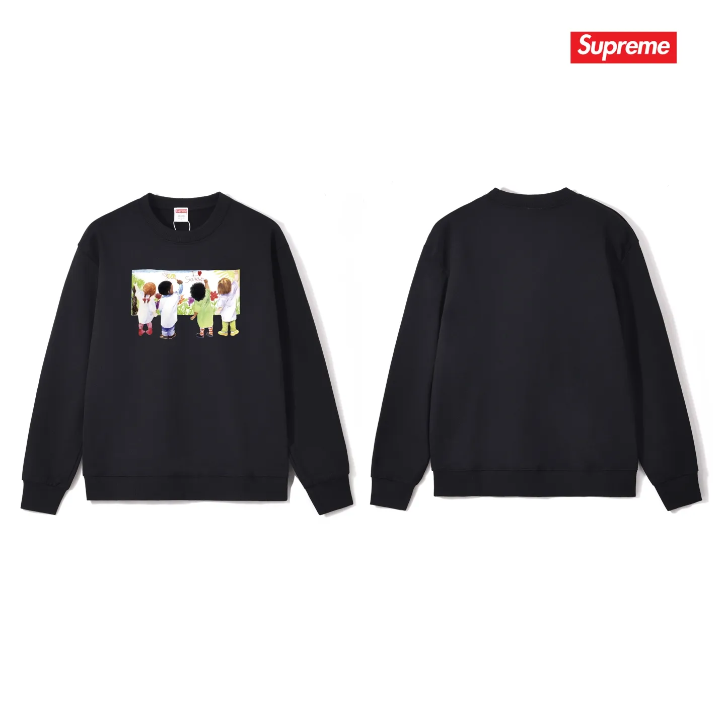 Style No. S1090 #terry p150💰 Velvet 160💰 Supreme SS19 Kids Tee Back children's graffiti round neck sweatshirt Made of 400 grams of large terry (drop shoulder large version) fabric, soft texture and no pilling Imported environmentally friendly printing glue The pattern is bright and three-dimensional Quality💥Same style for men and women The upper body is trendy Color: black white gray Size: S M L XL XXL