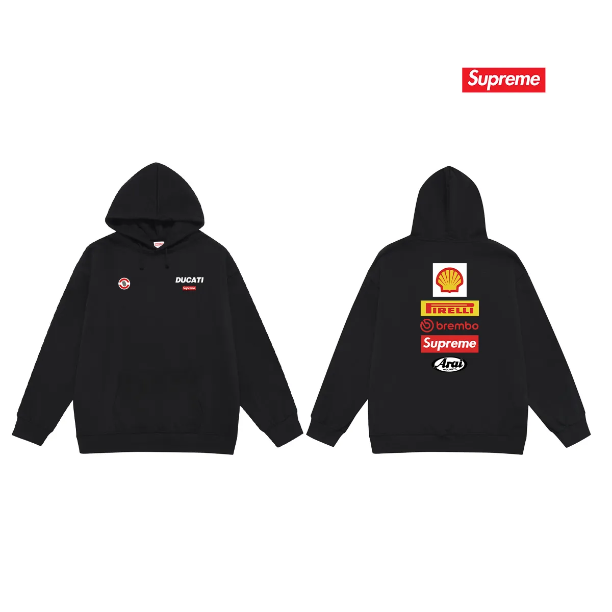 Style number S2082 #terry P160💰 Velvet P170💰 Supreme x DUCATI joint model SS24 WEEK16 LOGO TEE Logo printing on the back Hooded sweatshirt Made of 400g large terry 430g silver fox velvet (off-shoulder large version) fabric Soft texture without pilling Imported environmentally friendly printing glue Bright three-dimensional pattern Quality 💥Same style for men and women The upper body is fashionable Color: black white gray Size: S M L XL XXL