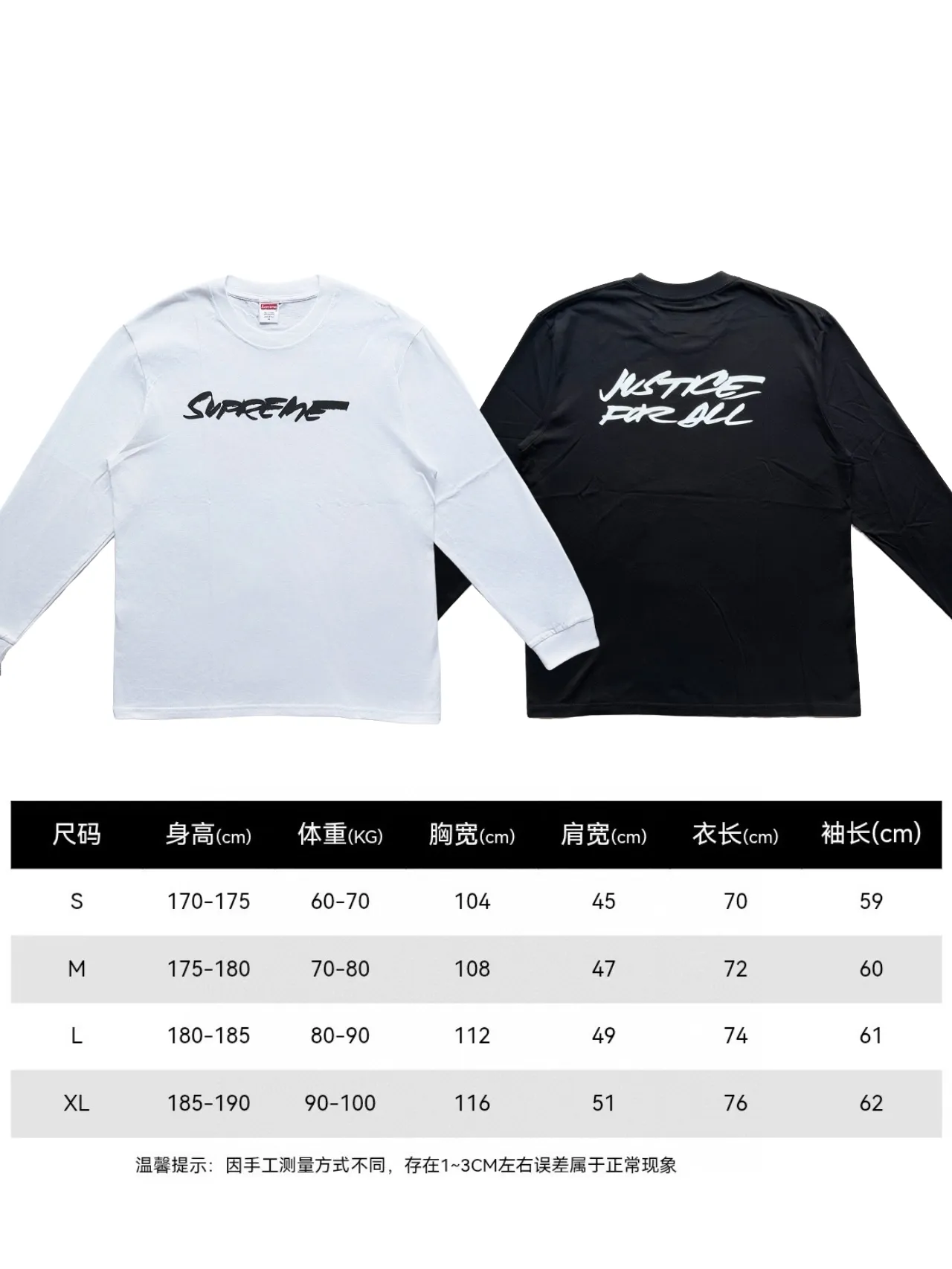 P140 Supreme Logo English letter printed round neck long-sleeved T-shirt, same style for men and women, using cylindrical seamless technology (original technology, there are no stitching bones on the side of the clothes, key points of identification) Fabric: All custom-woven and dyed, 280g weight, 100% cotton, cylindrical cloth, cylindrical cloth is knitted fabric woven with a cylinder loom, the needles are distributed in a cylindrical shape on the fuselage, the gray fabric is a large cylinder, it needs to be opened and shaped before further use That is, there are no slits on the sides of the clothes, and there is no washing label on the side of ordinary short-sleeved shirts. There is only one collar label behind the neck, so the shape is very correct and not easy to deform (color: black and white)