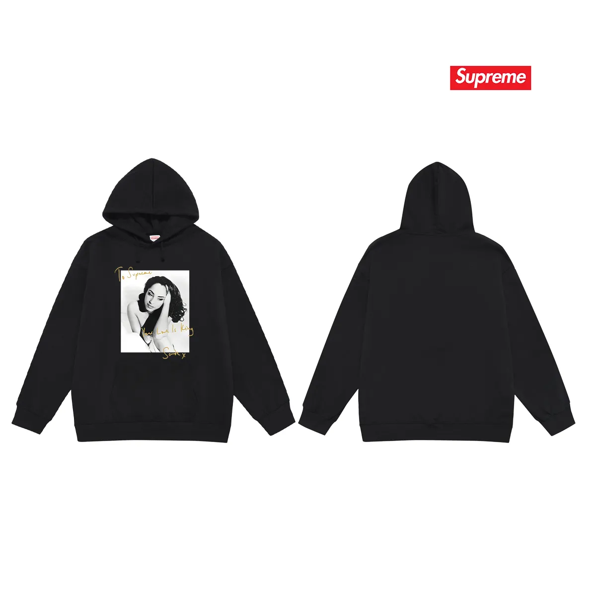 Style No. S2189 #terry P160💰 Velvet P170💰 Supreme 17SS Sade Tee Sade singer character photo signature hooded sweatshirt Made of 400g large terry 430g silver fox velvet (drop shoulder large version) fabric, soft texture and no pilling Imported environmentally friendly printing glue The pattern is bright and three-dimensional Quality 💥Same style for men and women The upper body is trendy Color: black white gray Size: S M L XL XXL