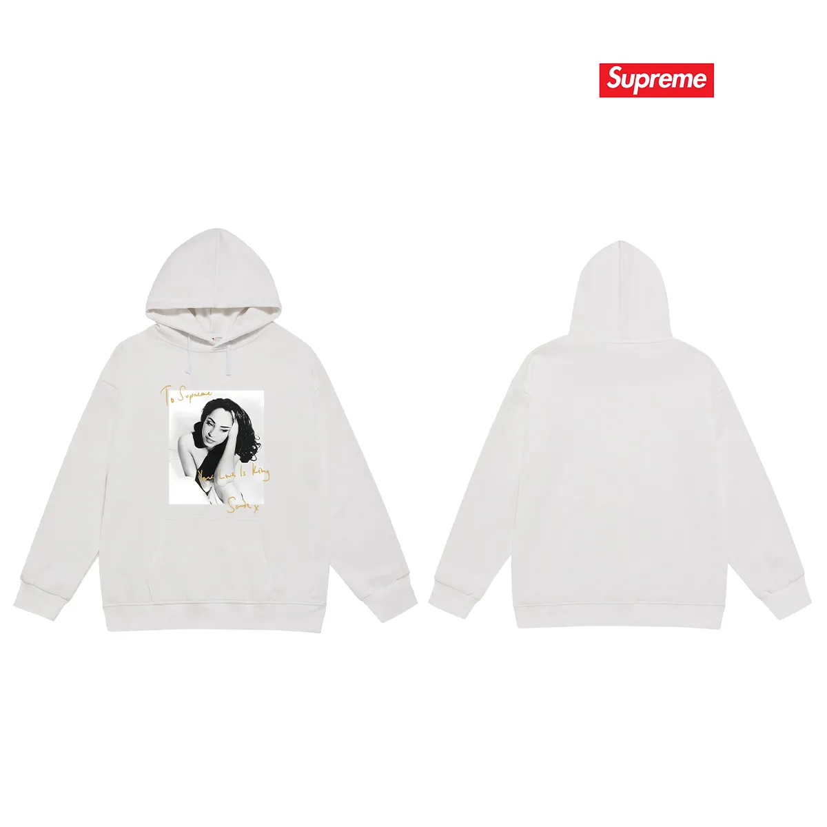 Style No. S2189 #terry P160💰 Velvet P170💰 Supreme 17SS Sade Tee Sade singer character photo signature hooded sweatshirt Made of 400g large terry 430g silver fox velvet (drop shoulder large version) fabric, soft texture and no pilling Imported environmentally friendly printing glue The pattern is bright and three-dimensional Quality 💥Same style for men and women The upper body is trendy Color: black white gray Size: S M L XL XXL