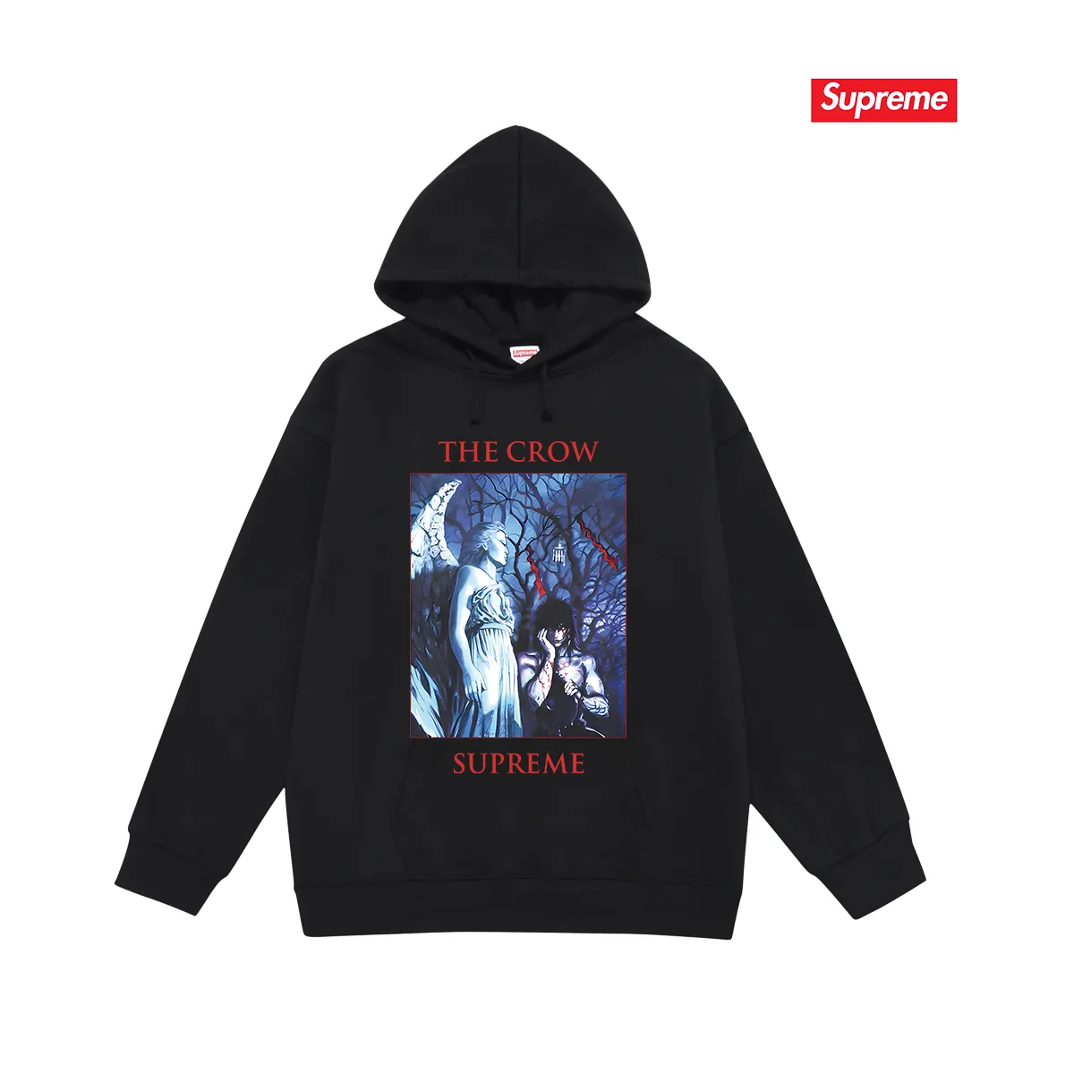 Style No. S2105 #terry P160💰 Velvet P170💰 Supreme Week4 xThe Crow joint Tee crow angel devil pattern printed hooded sweatshirt Made of 400g large terry 430g silver fox velvet (drop shoulder large version) fabric, soft texture and no pilling Imported environmentally friendly printing glue The pattern is bright and three-dimensional Quality 💥Same style for men and women The upper body is trendy Color: black white gray Size: S M L XL XXL