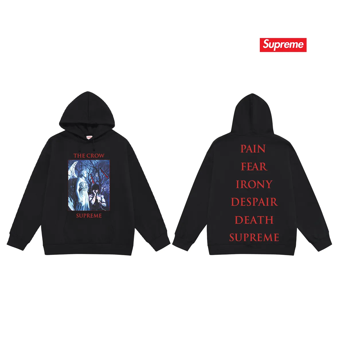 Style No. S2105 #terry P160💰 Velvet P170💰 Supreme Week4 xThe Crow joint Tee crow angel devil pattern printed hooded sweatshirt Made of 400g large terry 430g silver fox velvet (drop shoulder large version) fabric, soft texture and no pilling Imported environmentally friendly printing glue The pattern is bright and three-dimensional Quality 💥Same style for men and women The upper body is trendy Color: black white gray Size: S M L XL XXL