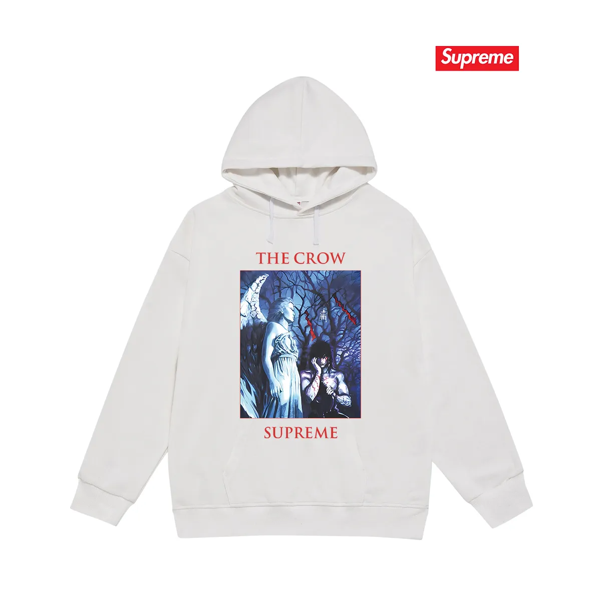 Style No. S2105 #terry P160💰 Velvet P170💰 Supreme Week4 xThe Crow joint Tee crow angel devil pattern printed hooded sweatshirt Made of 400g large terry 430g silver fox velvet (drop shoulder large version) fabric, soft texture and no pilling Imported environmentally friendly printing glue The pattern is bright and three-dimensional Quality 💥Same style for men and women The upper body is trendy Color: black white gray Size: S M L XL XXL