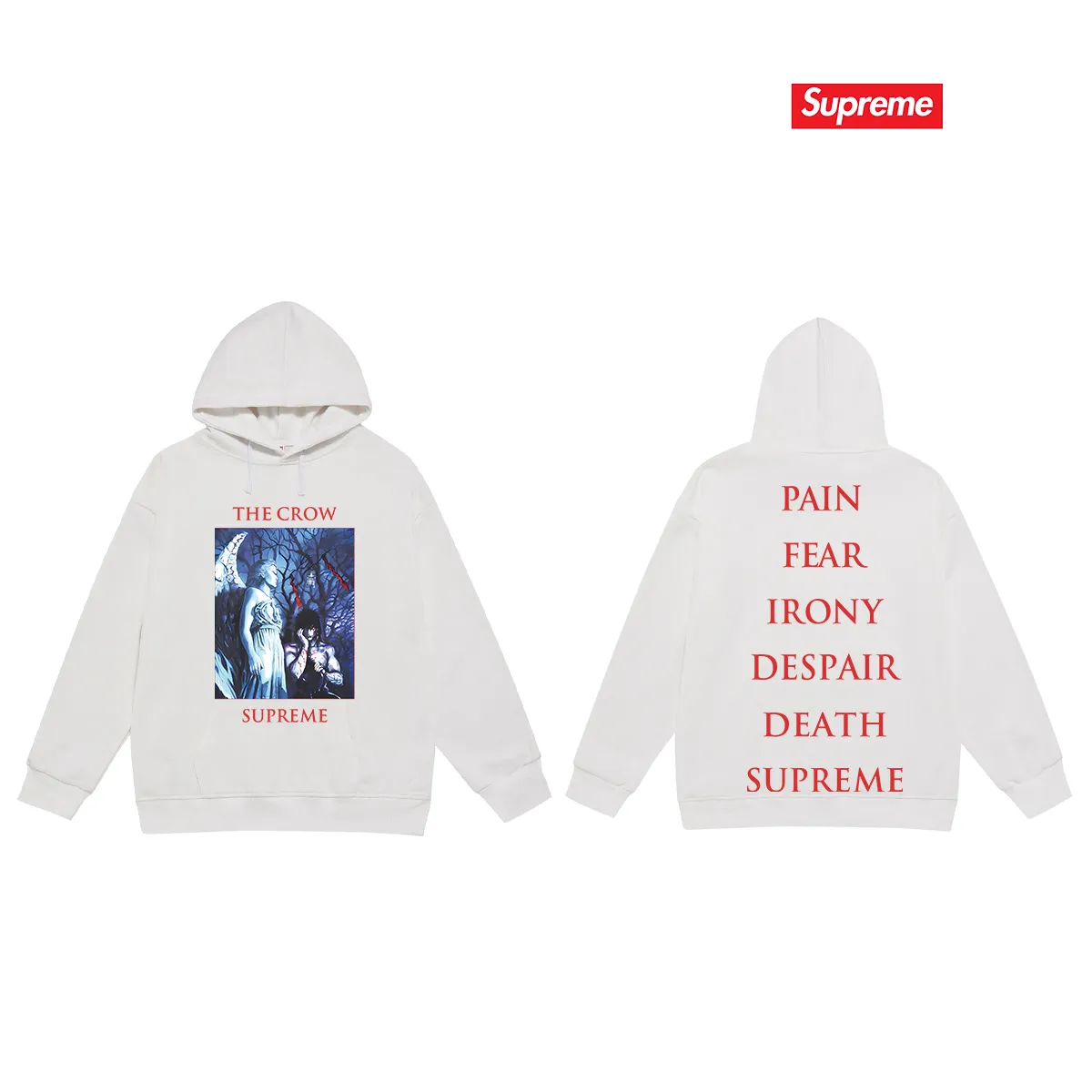 Style No. S2105 #terry P160💰 Velvet P170💰 Supreme Week4 xThe Crow joint Tee crow angel devil pattern printed hooded sweatshirt Made of 400g large terry 430g silver fox velvet (drop shoulder large version) fabric, soft texture and no pilling Imported environmentally friendly printing glue The pattern is bright and three-dimensional Quality 💥Same style for men and women The upper body is trendy Color: black white gray Size: S M L XL XXL
