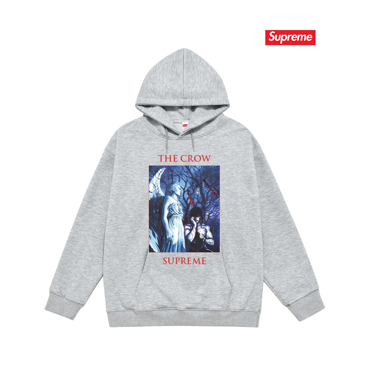 Style No. S2105 #terry P160💰 Velvet P170💰 Supreme Week4 xThe Crow joint Tee crow angel devil pattern printed hooded sweatshirt Made of 400g large terry 430g silver fox velvet (drop shoulder large version) fabric, soft texture and no pilling Imported environmentally friendly printing glue The pattern is bright and three-dimensional Quality 💥Same style for men and women The upper body is trendy Color: black white gray Size: S M L XL XXL