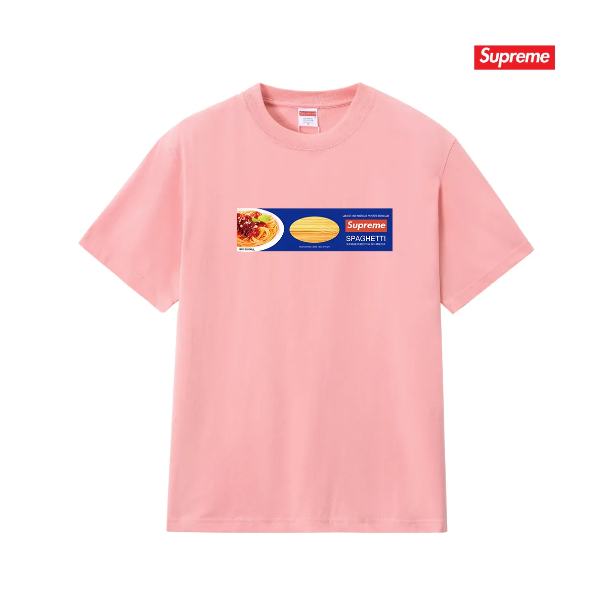 S248 P110💰 Supreme Week 1 Spaghetti Tee Spaghetti pattern printed loose round neck short-sleeved American trendy T-shirt. Loose fit. Made of 260g combed cotton double yarn. All three standards are complete from fabric to accessories. ZP. Imported Matsui company's slurry printing will never crack. The whole piece adopts three-needle five-thread technology. The neckline-shoulder seam-sleeve seam is double-lined, which looks more three-dimensional and textured.) The same process as the original version, classic version Feel free to compare zp. The whole piece adopts three-needle five-thread craftsmanship (neckline-shoulder seam-sleeve seam double thread, which looks more three-dimensional and textured). It has the same craftsmanship as the original original, classic version. Color: black, white, light gray, pink, navy. Size: S M L XL XXL