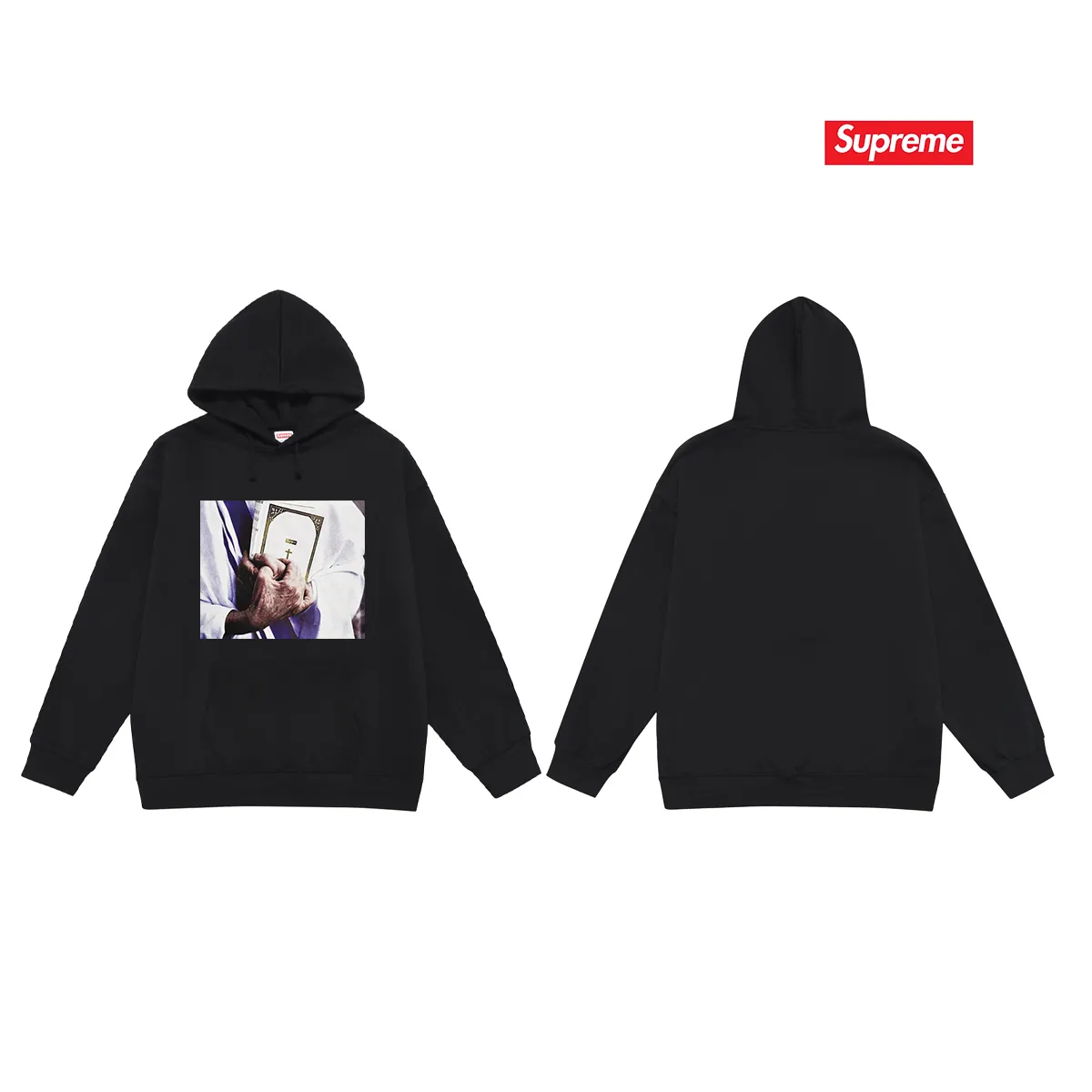 Style No. S2031 #terry P160💰 Velvet P170💰 Supreme FW19 Week 7 Bible Tee printed hooded sweatshirt Made of 400g large terry 430g silver fox velvet (drop shoulder large version) fabric, soft texture and no pilling Imported environmentally friendly printing glue The pattern is bright and three-dimensional Quality 💥Same style for men and women The upper body is trendy Color: black white gray Size: S M L XL XXL