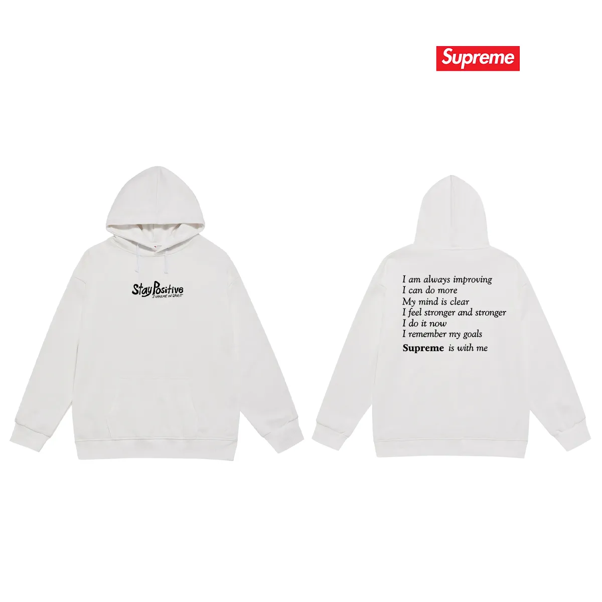 Style No. S2233 #terry P160💰 Velvet P170💰 Supreme Week 1 Stay Positive Tee Stay Positive English print hooded sweatshirt Made of 400g large terry 430g silver fox velvet (drop shoulder large version) fabric, soft texture and no pilling Imported environmentally friendly printing glue The pattern is bright and three-dimensional Quality 💥Same style for men and women The upper body is trendy Color: black white gray Size: S M L XL XXL