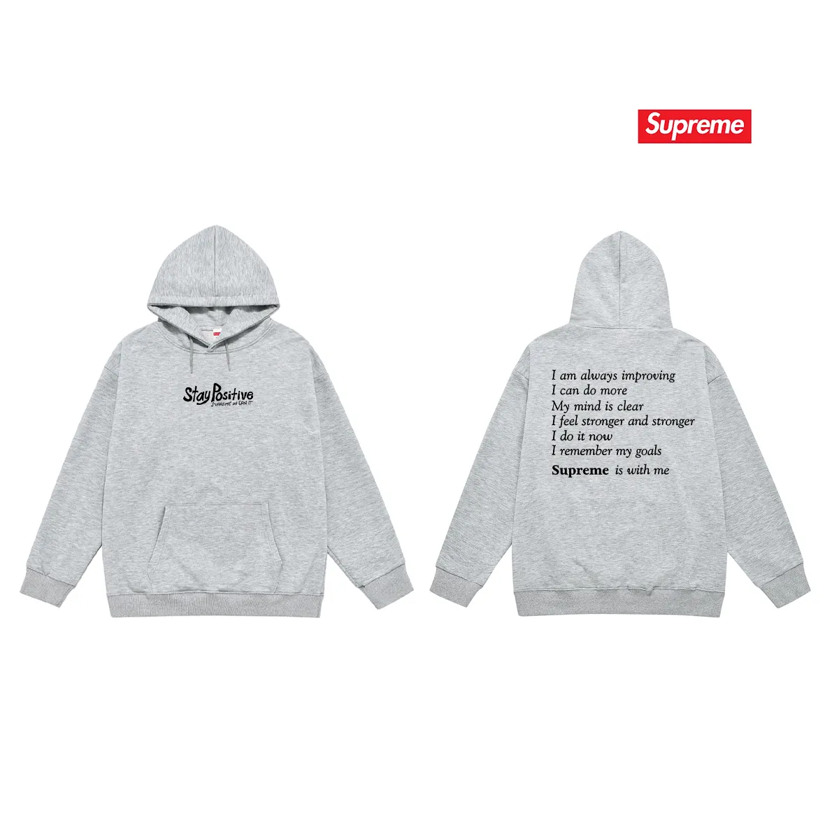 Style No. S2233 #terry P160💰 Velvet P170💰 Supreme Week 1 Stay Positive Tee Stay Positive English print hooded sweatshirt Made of 400g large terry 430g silver fox velvet (drop shoulder large version) fabric, soft texture and no pilling Imported environmentally friendly printing glue The pattern is bright and three-dimensional Quality 💥Same style for men and women The upper body is trendy Color: black white gray Size: S M L XL XXL