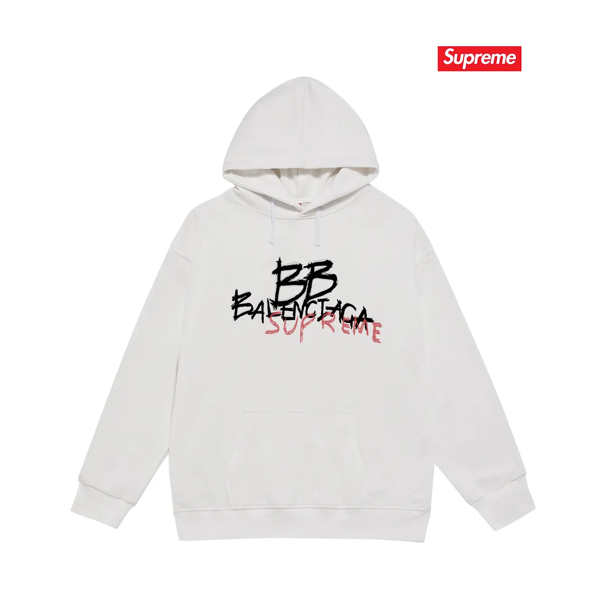 Style No. S2063 #terry P160💰 Velvet P170💰 Balenciaga co-branded supreme printed hooded sweatshirt Made of 400g large terry 430g silver fox velvet (off-shoulder large version) fabric, soft and non-pilling, imported environmentally friendly printing glue, bright and three-dimensional pattern, quality 💥Same style for men and women. The upper body is trendy. Color: black white gray Size: S M L XL XXL