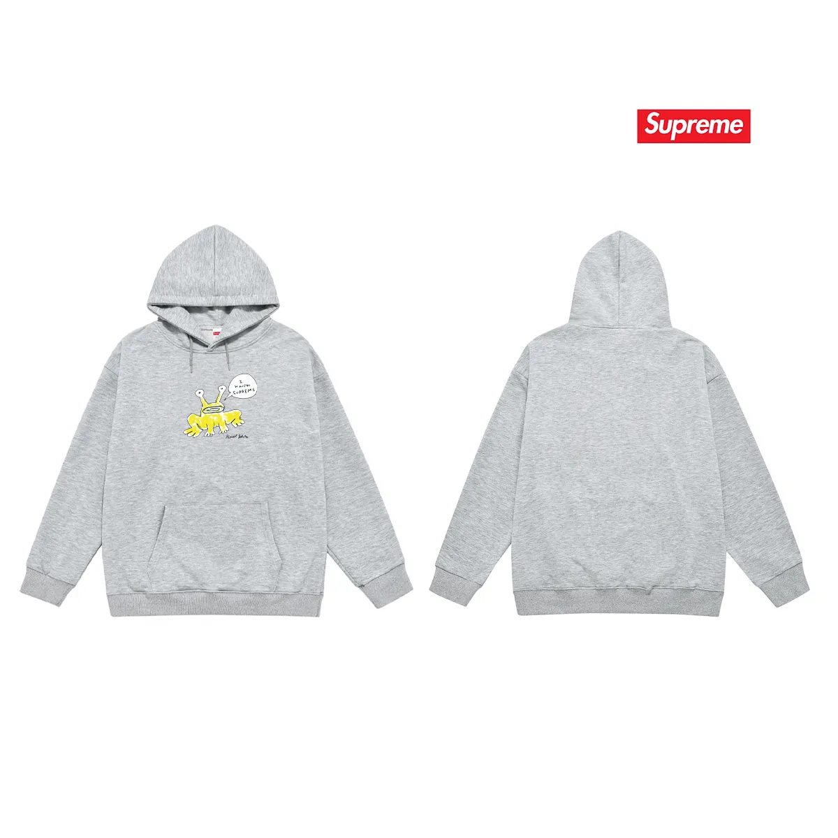 Style No. S2194 #terry P160💰 Plus fleece P170💰 Sup Daniel Johnston Frog Tee co-branded alien frog hooded sweatshirt Made of 400g large terry 430g silver fox velvet (drop shoulder large version) fabric, soft texture and no pilling Imported environmentally friendly printing glue The pattern is bright and three-dimensional Quality 💥Same style for men and women The upper body is trendy Color: black white gray Size: S M L XL XXL