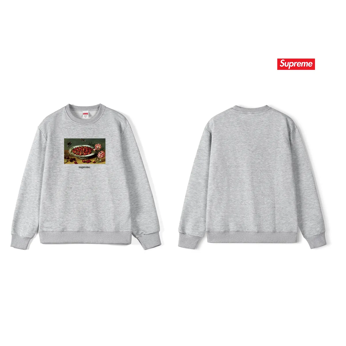 Style No. S1016 #terry p150💰 Velvet 160💰 Supreme SS23 Week9 STRAWBERRIES TEE Strawberry pattern printed round neck sweatshirt Made of 400 grams of large terry (drop shoulder large version) fabric, soft texture and no pilling Imported environmentally friendly printing glue The pattern is bright and three-dimensional Quality 💥Same style for men and women The upper body is trendy Color: black white gray Size: S M L XL XXL