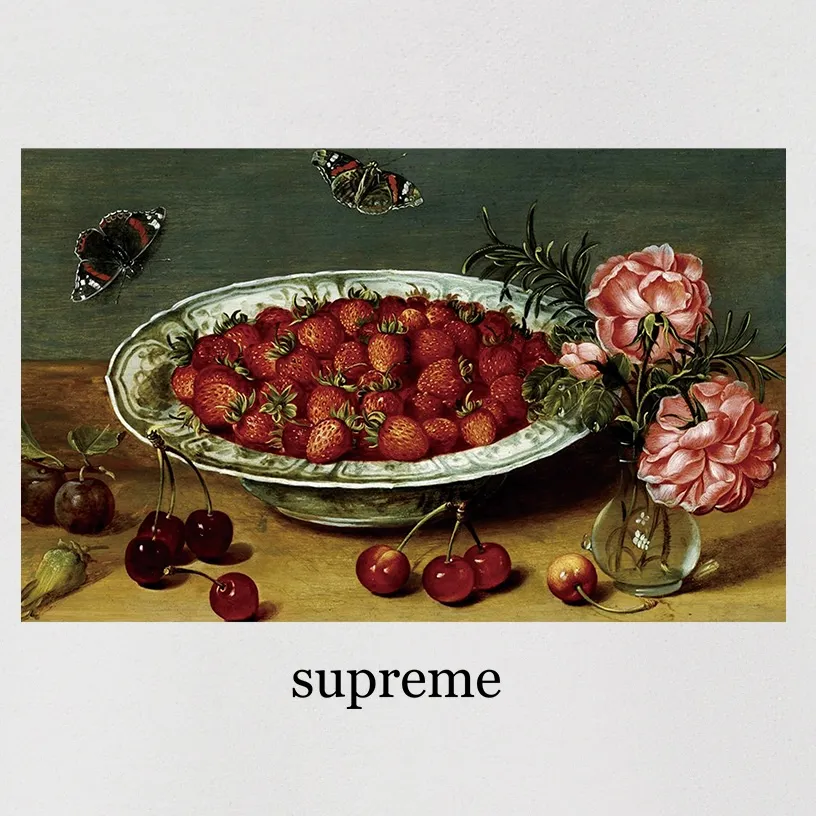 Style No. S1016 #terry p150💰 Velvet 160💰 Supreme SS23 Week9 STRAWBERRIES TEE Strawberry pattern printed round neck sweatshirt Made of 400 grams of large terry (drop shoulder large version) fabric, soft texture and no pilling Imported environmentally friendly printing glue The pattern is bright and three-dimensional Quality 💥Same style for men and women The upper body is trendy Color: black white gray Size: S M L XL XXL