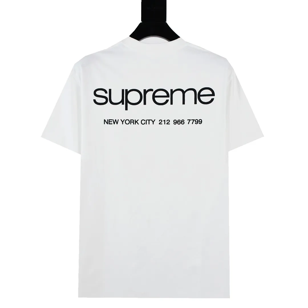 🅿️120 S129 Supreme 23FW NYC store information short-sleeved T-shirt. Refuse to look at pictures to make goods. Refuse to compare with wrong versions. Use cylindrical seamless technology (original technology, there are no stitched bones on the side of the clothes, key points of identification) The fabrics are all custom-woven and dyed, 280g weight, 100% cotton, cylindrical fabric. Cylindrical fabric is a knitted fabric woven with a cylinder loom. The needles are distributed in a cylindrical shape on the fuselage. The gray fabric is a large cylinder, which needs to be opened and shaped before it can be used further. There are no slits on the side of the clothes, so there is no washing label on the side of ordinary short-sleeves. There is only one collar label behind the neck. The printing uses thermosetting ink printing imported from Belgium (different from conventional thermal transfer printing), also known as plastic ink, or self-adhesive ink. Its ingredients are: mainly composed of polyvinyl chloride (PVC) and phthalates. PVC and phthalates, solid color The thermoset ink is composed of a mixture of agents, stabilizers, and thickeners. It is not the digital direct printing advertised on the market. The printing texture of thermoset ink cannot be achieved by digital direct printing. The collar label has a watermark anti-counterfeiting effect, a real anti-counterfeiting layer, a version with a high probability of passing the inspection, and a high probability of passing the original packaging picture. Size：S-XL