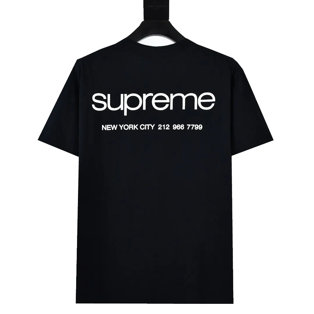 🅿️120 S129 Supreme 23FW NYC store information short-sleeved T-shirt. Refuse to look at pictures to make goods. Refuse to compare with wrong versions. Use cylindrical seamless technology (original technology, there are no stitched bones on the side of the clothes, key points of identification) The fabrics are all custom-woven and dyed, 280g weight, 100% cotton, cylindrical fabric. Cylindrical fabric is a knitted fabric woven with a cylinder loom. The needles are distributed in a cylindrical shape on the fuselage. The gray fabric is a large cylinder, which needs to be opened and shaped before it can be used further. There are no slits on the side of the clothes, so there is no washing label on the side of ordinary short-sleeves. There is only one collar label behind the neck. The printing uses thermosetting ink printing imported from Belgium (different from conventional thermal transfer printing), also known as plastic ink, or self-adhesive ink. Its ingredients are: mainly composed of polyvinyl chloride (PVC) and phthalates. PVC and phthalates, solid color The thermoset ink is composed of a mixture of agents, stabilizers, and thickeners. It is not the digital direct printing advertised on the market. The printing texture of thermoset ink cannot be achieved by digital direct printing. The collar label has a watermark anti-counterfeiting effect, a real anti-counterfeiting layer, a version with a high probability of passing the inspection, and a high probability of passing the original packaging picture. Size：S-XL