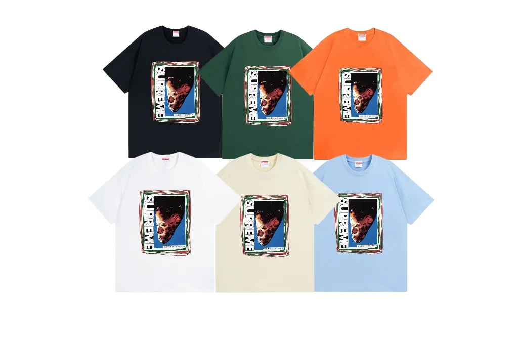 #S96 p110💰 Supreme SS22 Week 19 Mask Tee letter mask pattern printing, loose fit, using 260 grams of combed cotton double yarn, all three standards from fabrics to accessories, ZP, imported Matsui company slurry printing will never crack, the whole piece adopts three-needle five-thread process (neckline-shoulder seam-sleeve seam double line, looks more three-dimensional and textured) consistent with the original version, classic version Feel free to compare zp. The whole piece adopts three-needle five-thread craftsmanship (neckline-shoulder seam-sleeve seam double thread, which looks more three-dimensional and textured) and the same craftsmanship as the original original, classic version. Color: white, black, apricot, orange, light blue, dark green, size: S M L XL XXL